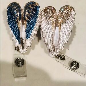 2 Gold Crystal Blue + White ANGEL WINGS Nurse RN ID Card Holder Badge Reel Clips